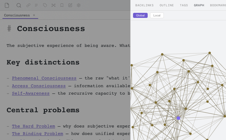Basalt editor showing a Consciousness note with live-rendered Markdown, wiki-links, and a force-directed graph of the vault's link structure