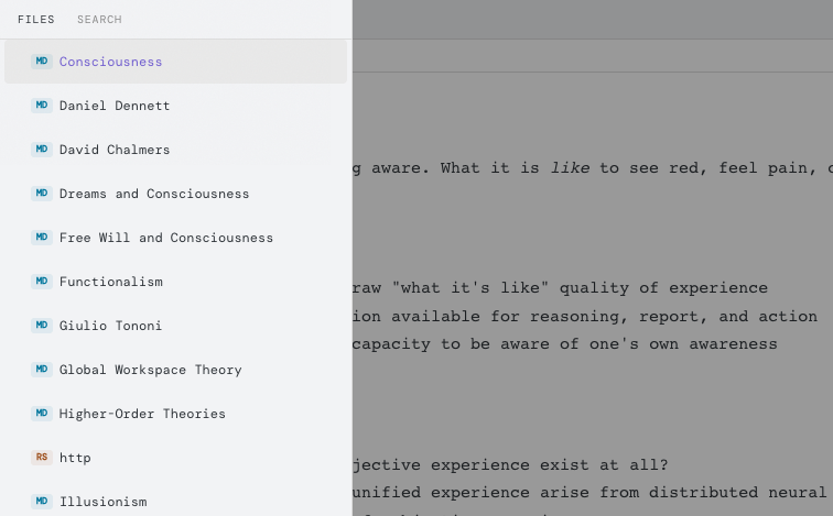 Basalt file explorer showing a vault of interconnected notes, with the editor visible alongside